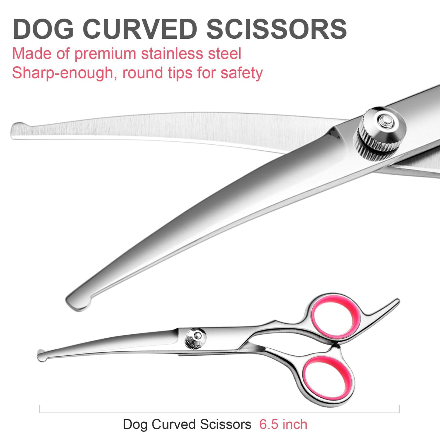 Dog Grooming Scissors with Safety Round Tips Stainless Steel Professional Dog Grooming Kit - Thinning, Curved Scissors and Comb for Dog Cat Pet (Pink 4 in 1)