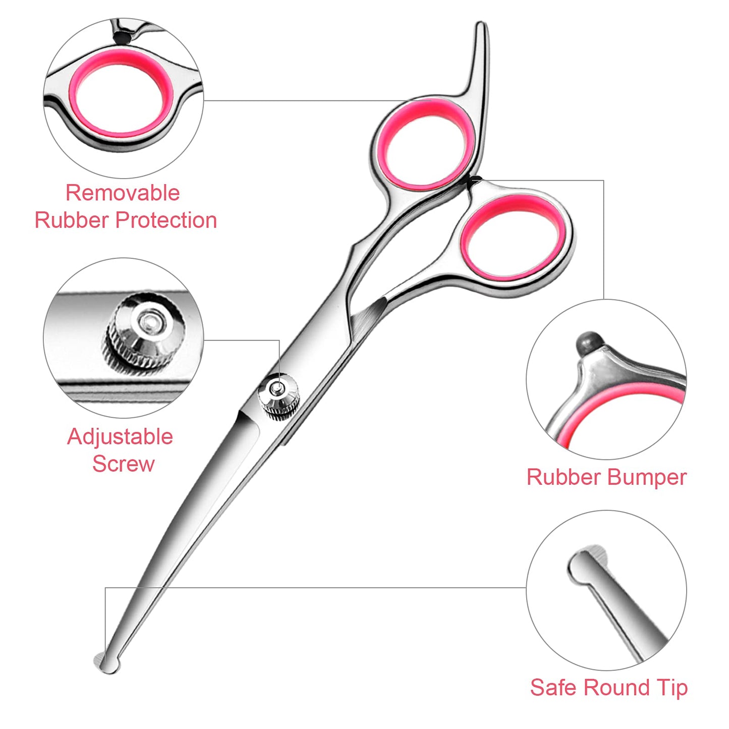 Dog Grooming Scissors with Safety Round Tips Stainless Steel Professional Dog Grooming Kit - Thinning, Curved Scissors and Comb for Dog Cat Pet (Pink 4 in 1)