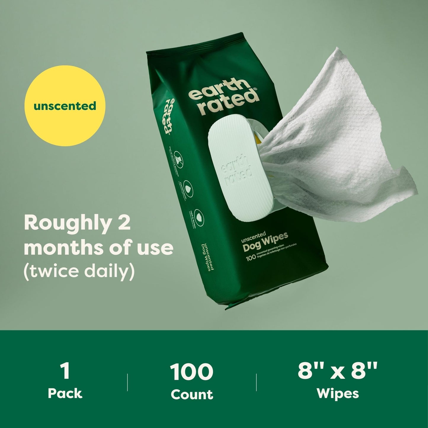 Earth Rated Hypoallergenic Dog Wipes, Cleaning and Odor-Controlling Grooming Wipes for Paws, Body, and Butt, Perfect for Puppy and Adult Dogs, Lavender Scented, 100 Count