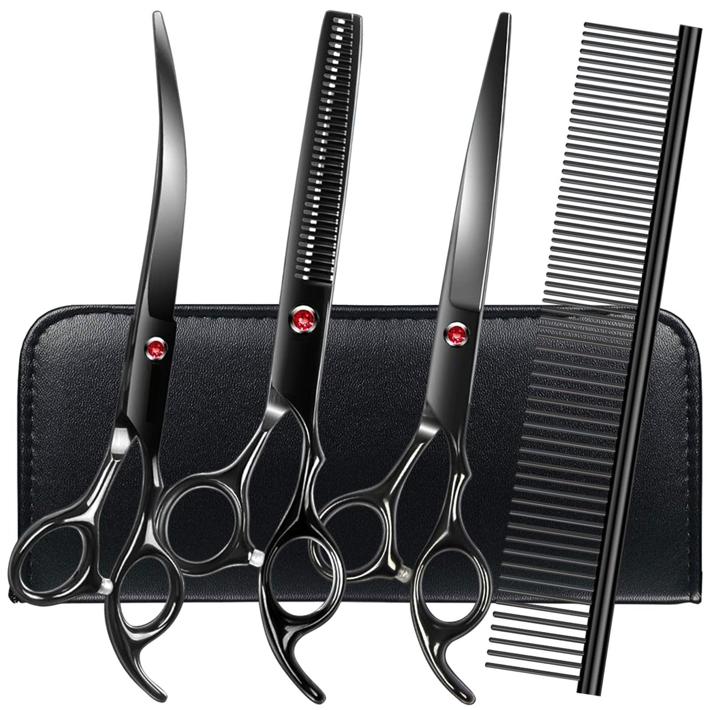 Dog Grooming Scissors with Safety Round Tips Stainless Steel Professional Dog Grooming Kit - Thinning, Curved Scissors and Comb for Dog Cat Pet (Pink 4 in 1)
