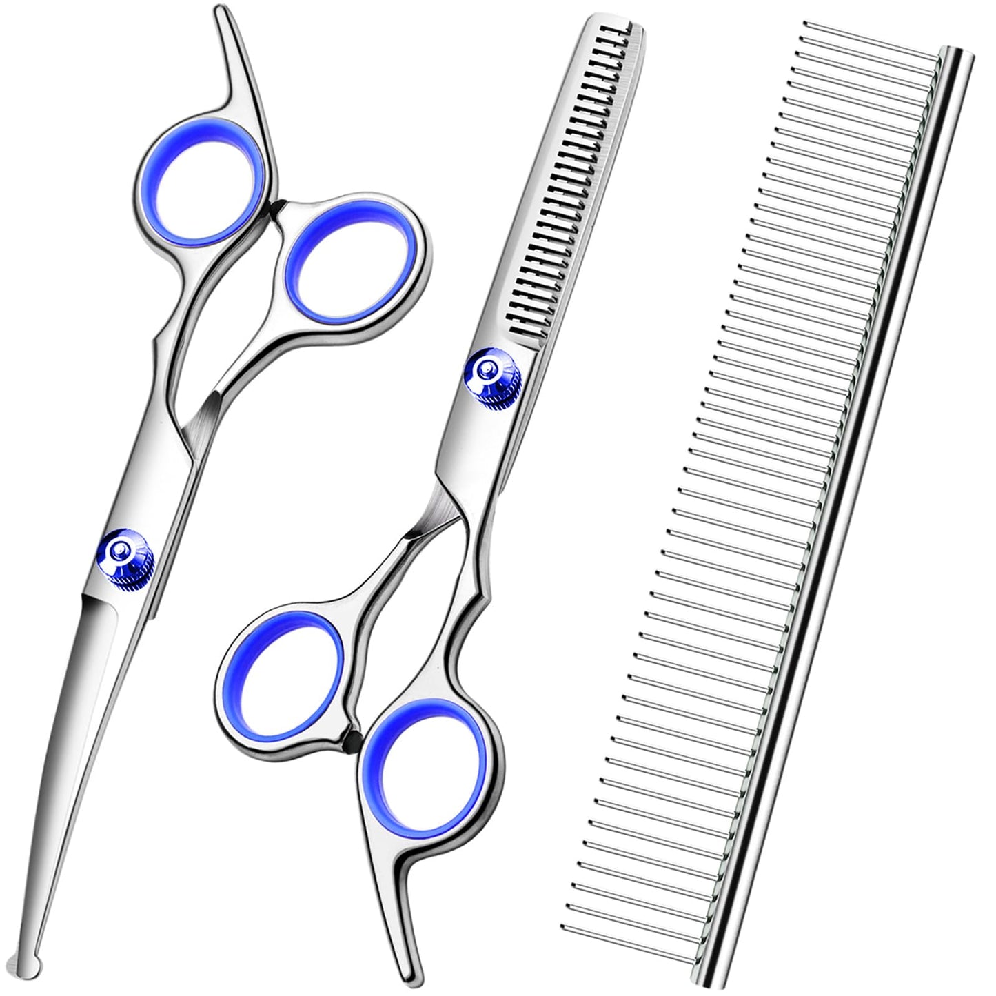 Dog Grooming Scissors with Safety Round Tips Stainless Steel Professional Dog Grooming Kit - Thinning, Curved Scissors and Comb for Dog Cat Pet (Pink 4 in 1)