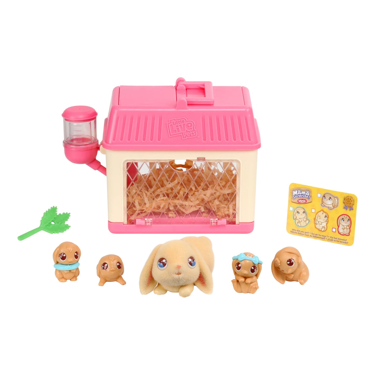 Little Live Pets - Mama Surprise Minis. Feed and Nurture a Lil' Bunny Inside Their Hutch so she can be a Mama. She has 2, 3, or 4 Babies with Surprise Accessories to Dress Up The Babies