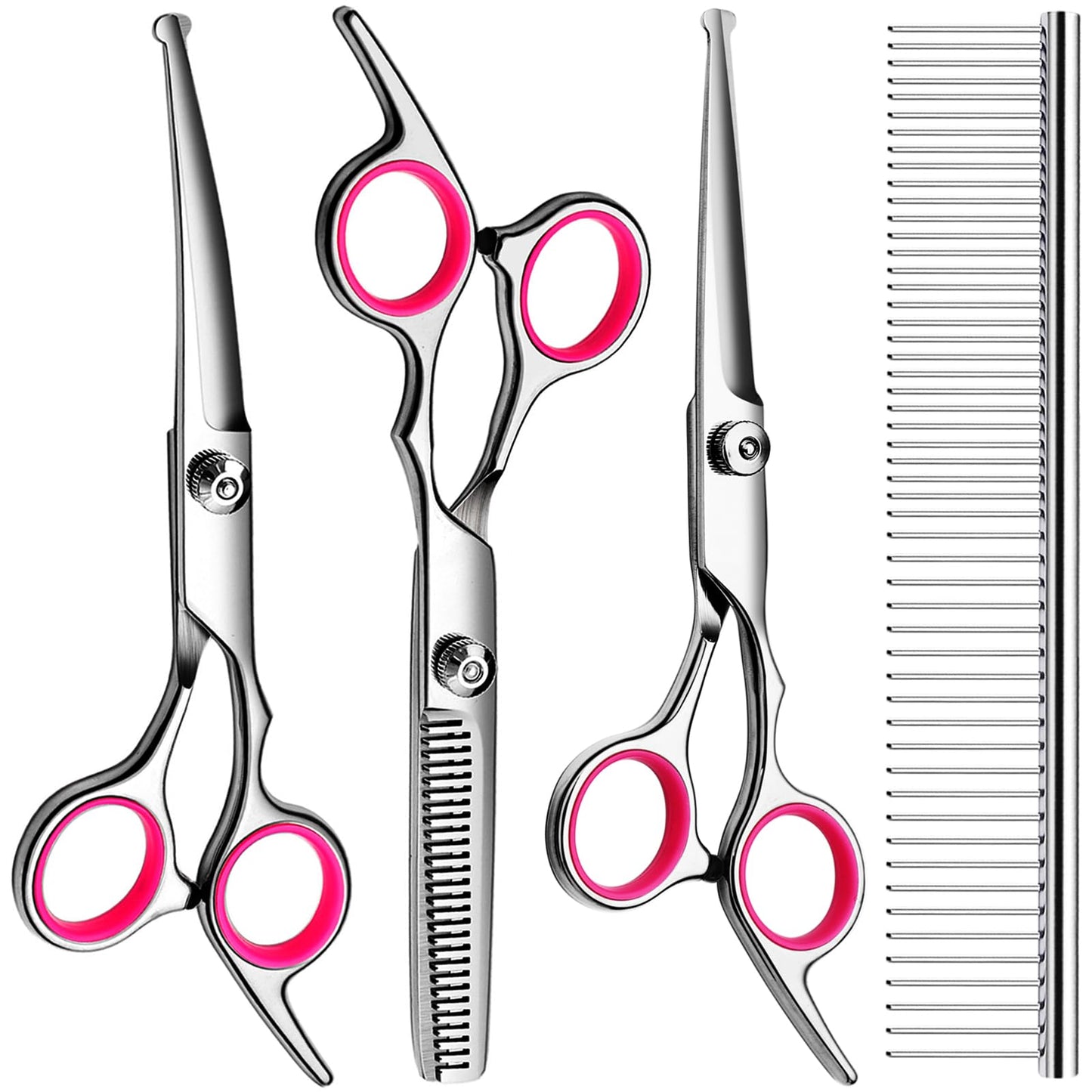 Dog Grooming Scissors with Safety Round Tips Stainless Steel Professional Dog Grooming Kit - Thinning, Curved Scissors and Comb for Dog Cat Pet (Pink 4 in 1)