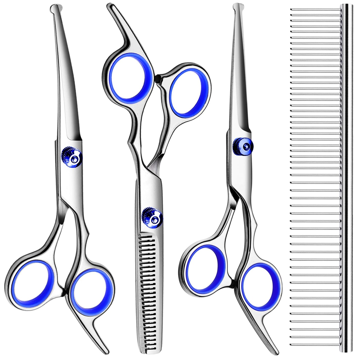 Dog Grooming Scissors with Safety Round Tips Stainless Steel Professional Dog Grooming Kit - Thinning, Curved Scissors and Comb for Dog Cat Pet (Pink 4 in 1)
