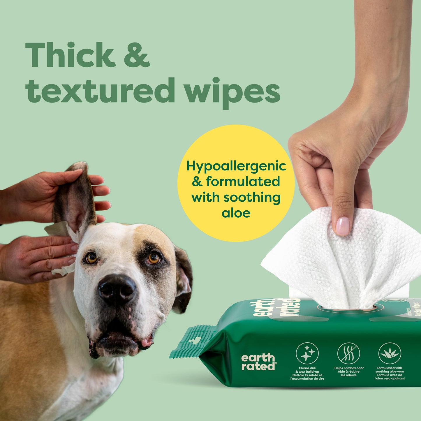 Earth Rated Hypoallergenic Dog Wipes, Cleaning and Odor-Controlling Grooming Wipes for Paws, Body, and Butt, Perfect for Puppy and Adult Dogs, Lavender Scented, 100 Count