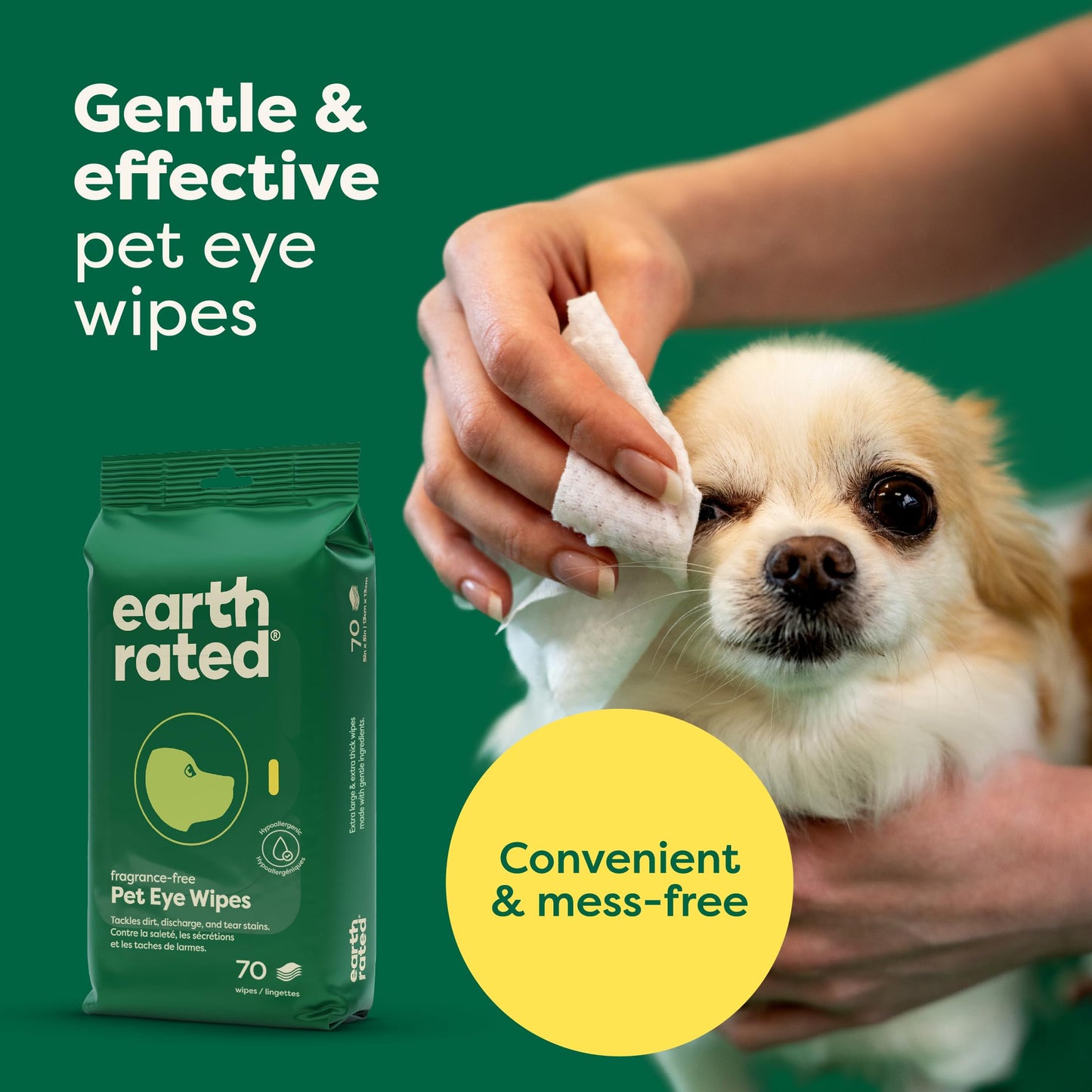 Earth Rated Pet Ear Wipes, Hypoallergenic Ear Wipes for Dogs & Cats to Remove Dirt and Wax Build up, Oatmeal Scent, 70 Count